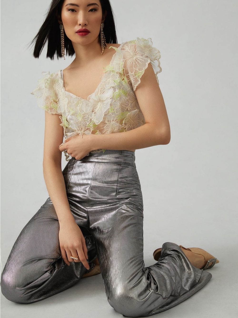 By Anthropologie Sheer Appliqué Top size XL